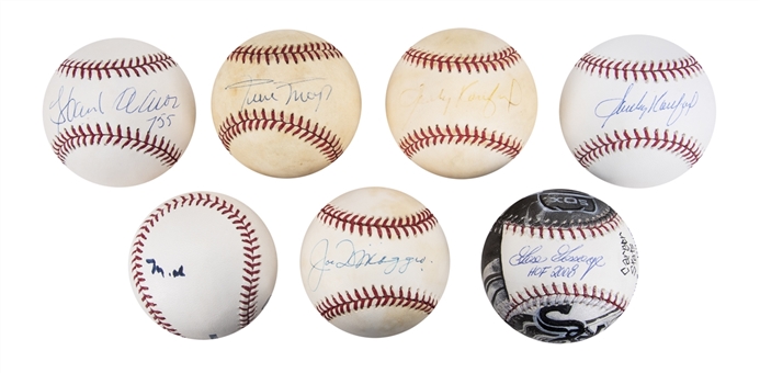 Lot of (7) Hall of Famers Single Signed Baseball Collection Including Muhammad Ali, Joe DiMaggio, Hank Aaron, Willie Mays, Sandy Koufax x2 and Goose Gossage (Steiner & PSA/DNA)